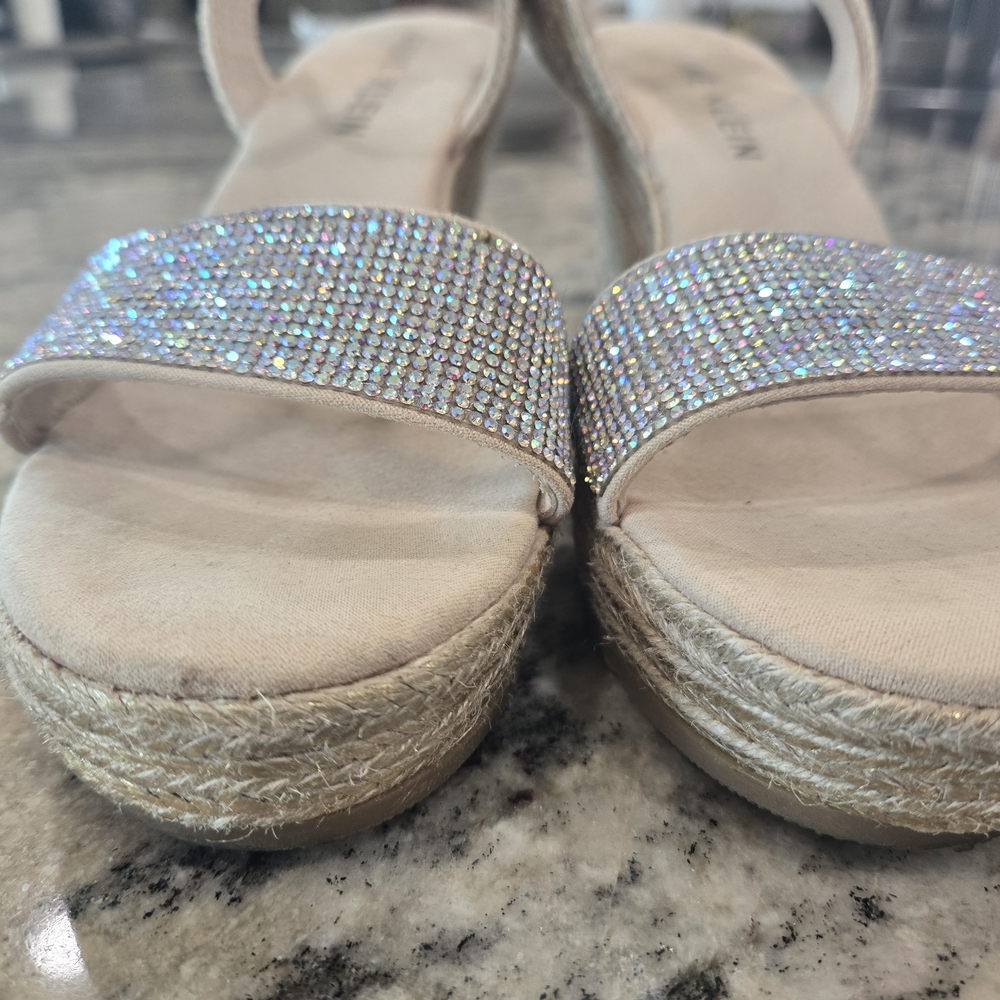Anne Klein Silver Rhinestone Espadrille Sandals - Gold Straps. - Picture 2 of 6
